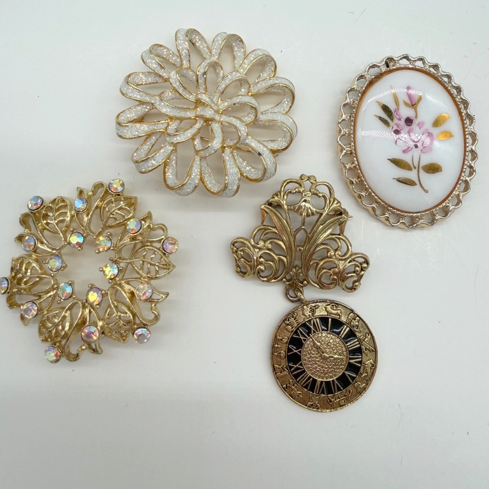 Vintage Brooch Lot 4 Gold Tone Floral AB Rhinestone Dangle Mixed Styles